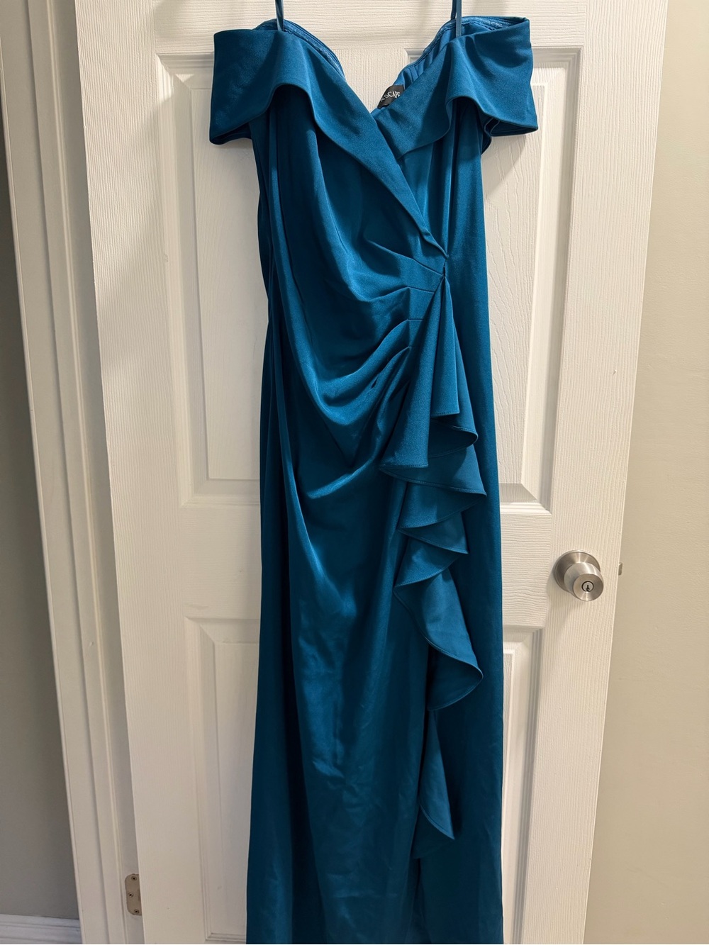 Xscape Teal Blue Off-Shoulder Ruffle Maxi Dress